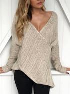 Choies Khaki V-neck Wrap Front Long Sleeve Knit Sweater