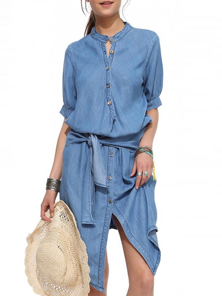 Choies Blue High Neck Tie Waist Half Sleeve Demin Dress