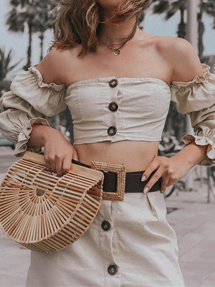 Choies Beige Off Shoulder Lotus Sleeve Chic Women Crop Blouse