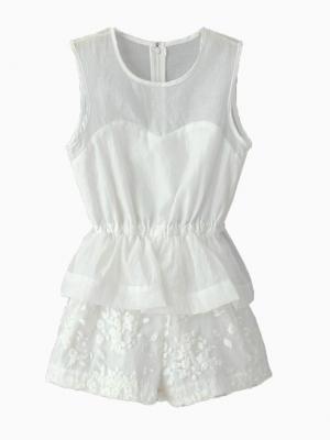 Choies White Organze Elastic Waist Peplum Embroidery Jumpsuit With Mesh Panel