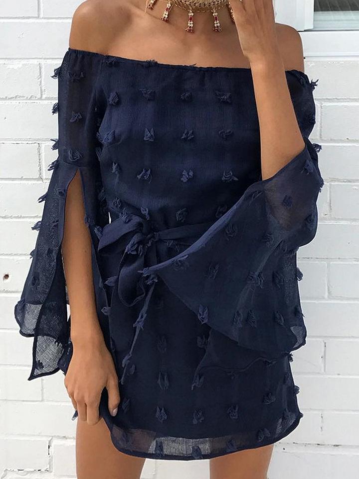 Choies Navy Blue Off Shoulder Applique Tie Waist Slit Sleeve Dress
