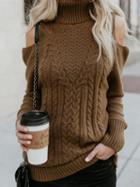Choies Brown High Neck Cold Shoulder Long Sleeve Chic Women Knit Sweater