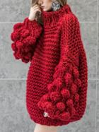 Choies Red High Neck Puff Sleeve Chunky Knit Sweater