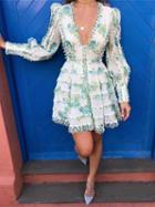 Choies Polychrome Plunge Floral Print Puff Sleeve Chic Women Mini Dress