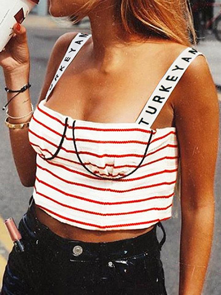 Choies Red Stripe Letter Print Panel Chic Women Crop Tank Top