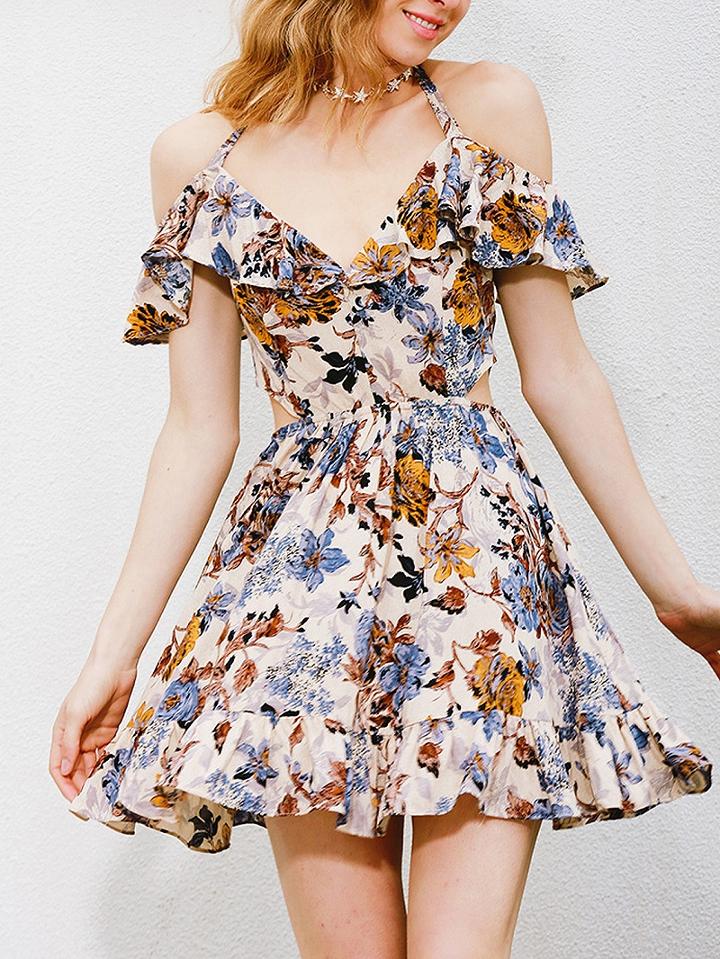 Choies Multicolor Halter Floral Print Ruffle Skater Dress