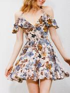 Choies Multicolor Halter Floral Print Ruffle Skater Dress