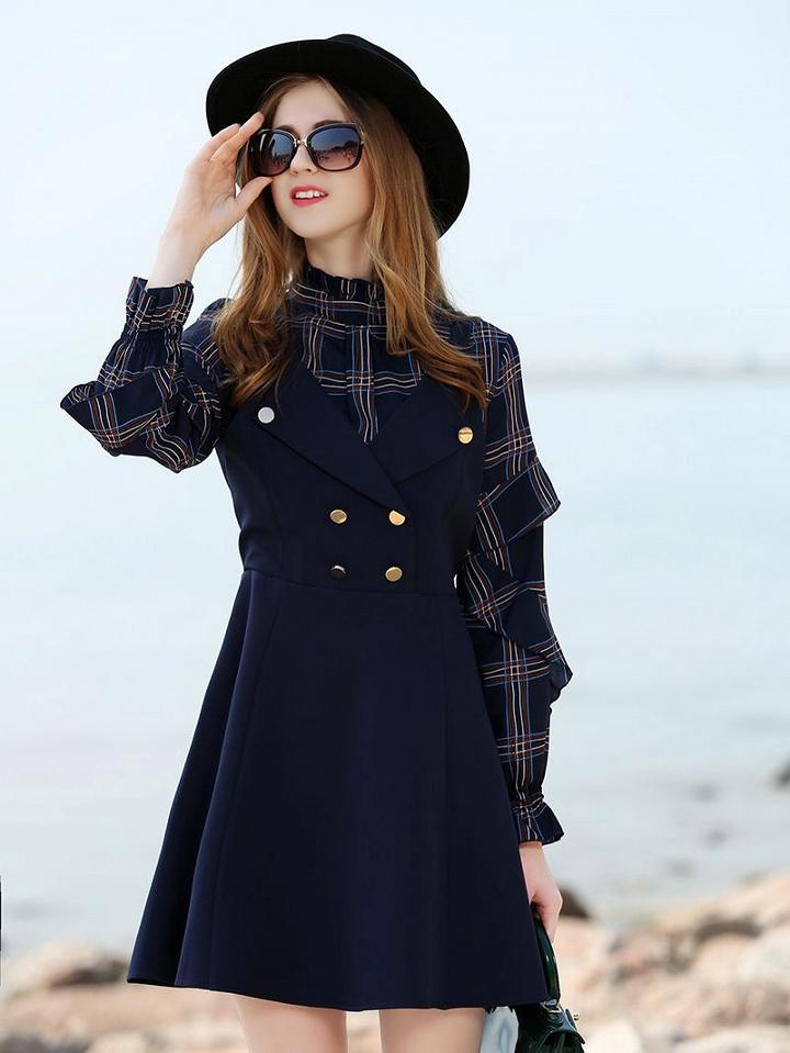 Choies Blue Stand Collar Ruffle Plaid Puff Sleeve Mini Dress