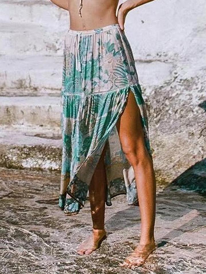 Choies Green High Waist Peacock Print Thigh Split Side Midi Skirt