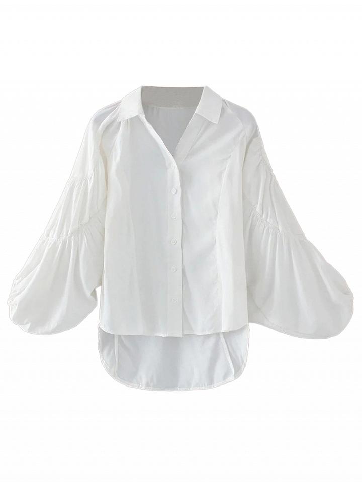 Choies White Ruched Detail Bell Sleeve Dipped Hem Shirt