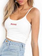 Choies White Spaghetti Strap Embroidery Letter Crop Tank