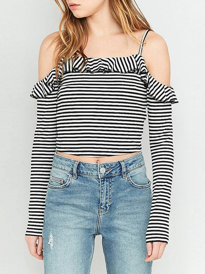 Choies Monochrome Stripe Spaghetti Strap Cold Shoulder Ruffle Ribbed T-shirt