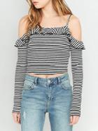 Choies Monochrome Stripe Spaghetti Strap Cold Shoulder Ruffle Ribbed T-shirt