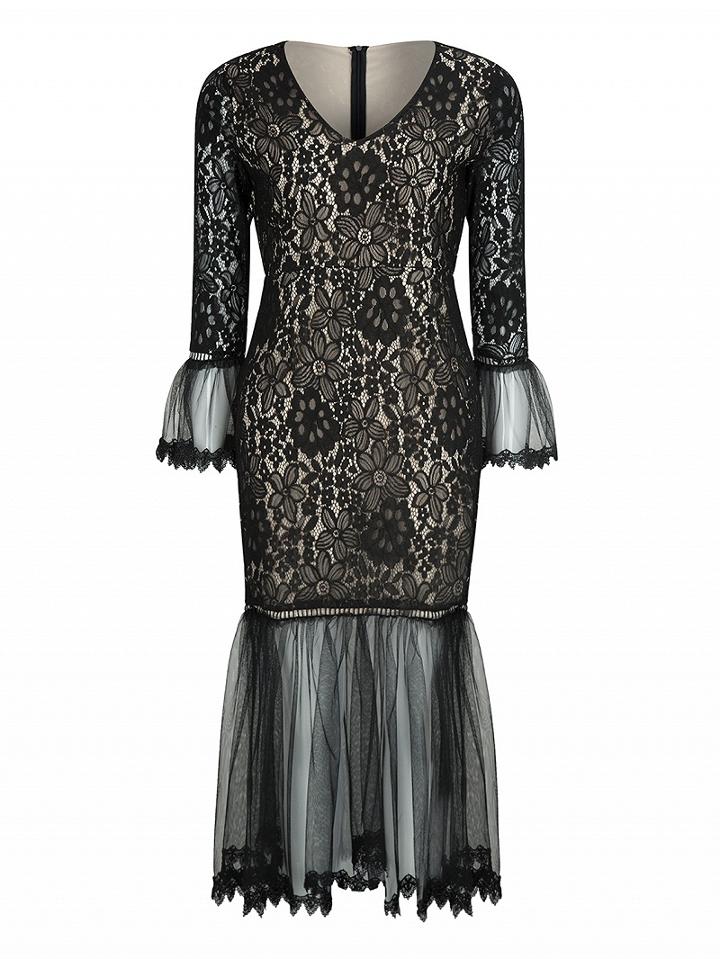 Choies Black V-neck Sheer Flounce Hem Long Sleeve Lace Bodycon Dress