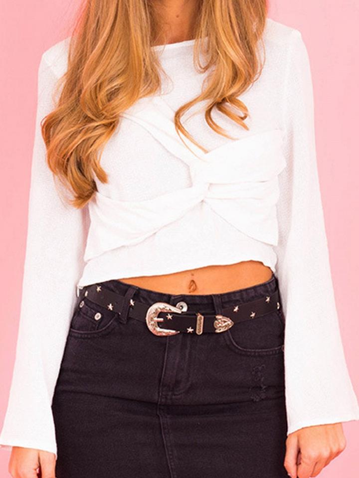 Choies White Knot Front Flare Sleeve Chic Women Crop Blouse