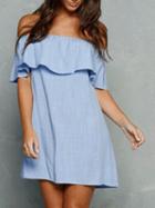 Choies Blue Cotton Blend Off Shoulder Ruffle Trim Chic Women Mini Dress