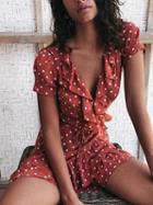 Choies Orange V-neck Tie Waist Ruffle Trim Polka Dot Mini Dress