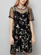 Choies Black Embroidery Floral Cami Lining Sheer Mesh Shift Mini Dress
