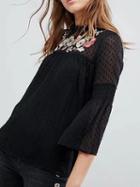 Choies Black Frill Trim Floral Embroidery Flare Sleeve Blouse