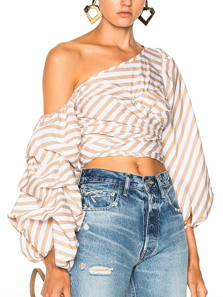 Choies Tan Stripe One Shoulder Tie Strap Ruched Puff Sleeve Top