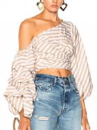 Choies Tan Stripe One Shoulder Tie Strap Ruched Puff Sleeve Top