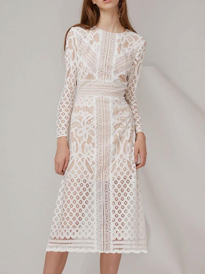 Choies White Lace Overlay Long Sleeve Midi Dress