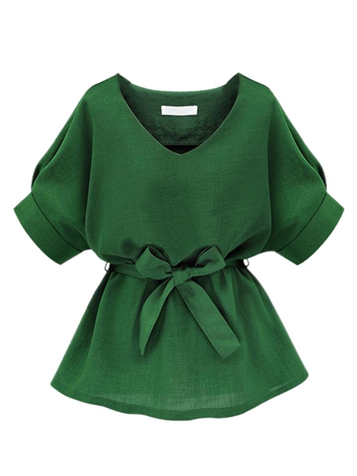 Choies Green V Neck Bow Tie Short Sleeve Blouse