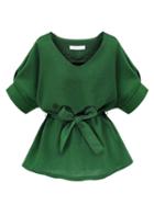 Choies Green V Neck Bow Tie Short Sleeve Blouse