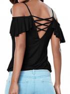 Choies Black Cold Shoulder Cross Strappy Back Ruffle Sleeve Cami Top