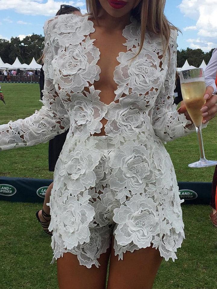Choies White V-neck Long Sleeve Chic Women Lace Top And High Waist Shorts