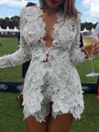 Choies White V-neck Long Sleeve Chic Women Lace Top And High Waist Shorts