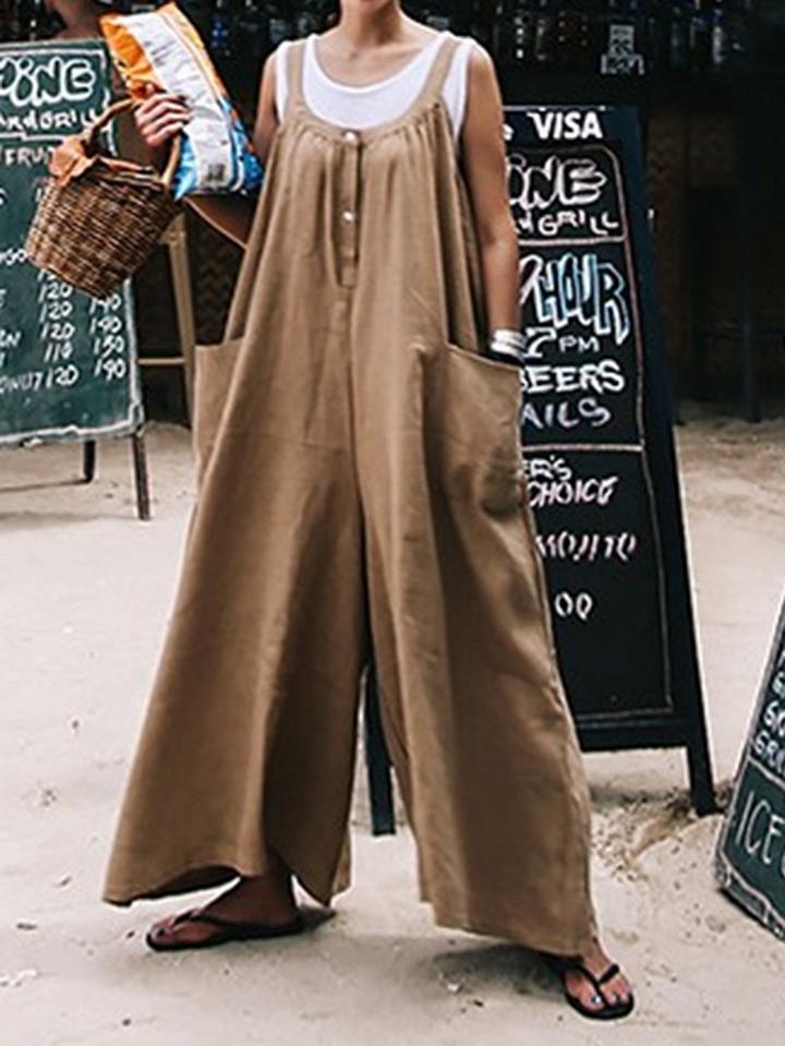 Choies Brown Cotton Button Placket Front Sleeveless Chic Women Jumpsuit