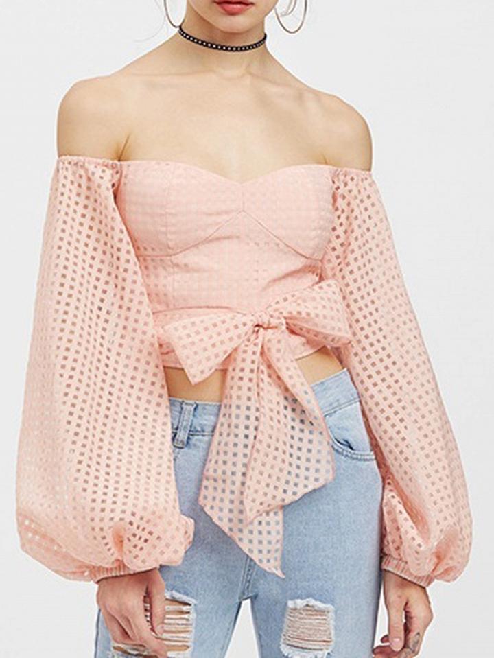 Choies Pink Off Shoulder Bow Tie Front Puff Sleeve Chic Women Crop Top