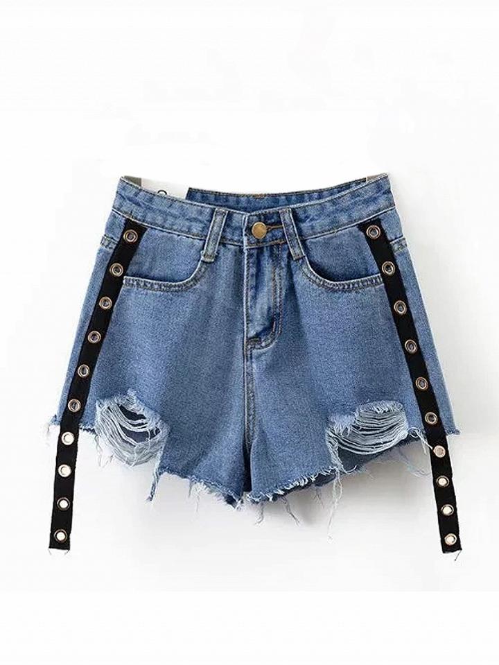 Choies Blue High Waist Eyelet Raw Hem Denim Shorts