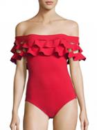 Choies Red Off Shoulder Slit Ruffle Swimsuit