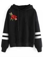 Choies Black Striped  Embroidery Flower Long Sleeves Hoodie