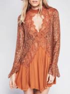 Choies Orange V-neck Lace Panel Long Sleeve Mini Dress