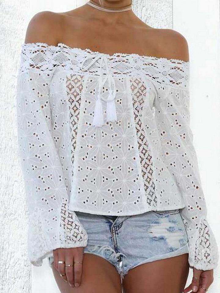 Choies White Off Shoulder Flare Sleeve Chic Women Lace Crop Blouse