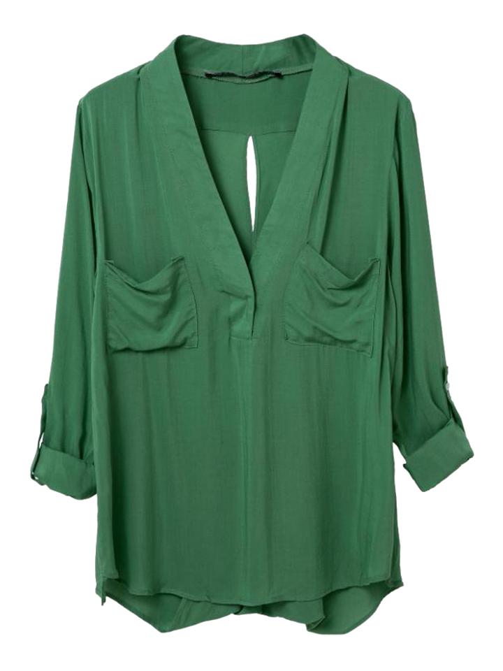 Choies Green V Neck Slit Back Roll Up Blouse