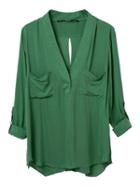 Choies Green V Neck Slit Back Roll Up Blouse