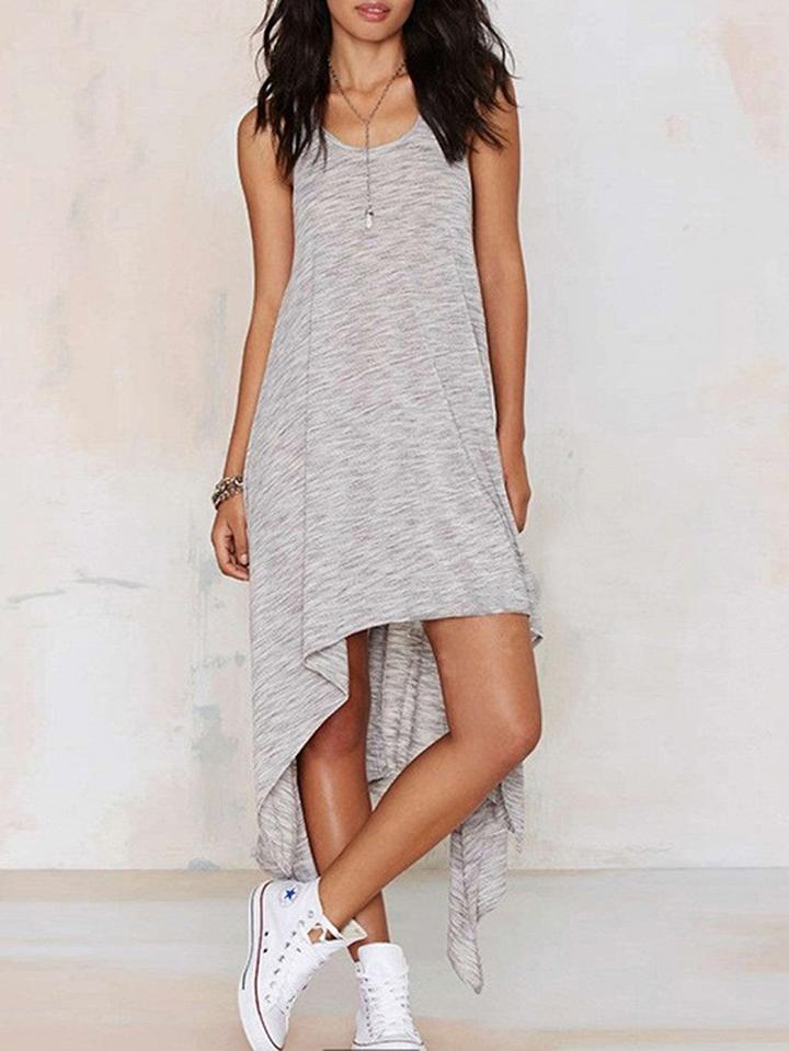 Choies Gray Cotton Blend Scoop Neck Sleeveless Casual Women Hi-lo Dress