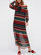 Choies Polychrome Contrast Striped Off Shoulder Tie Front Maxi Dress
