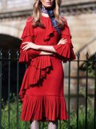 Choies Red Ruffle Detail Flare Sleeve Pleated Dress