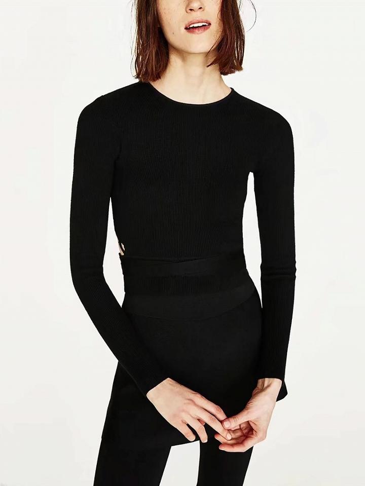 Choies Black Tie Waist Open Back Long Sleeve Cropped Knit Sweater