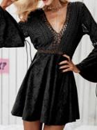 Choies Black V-neck Backless Lace Top Flare Sleeve Faux Suede Mini Dress