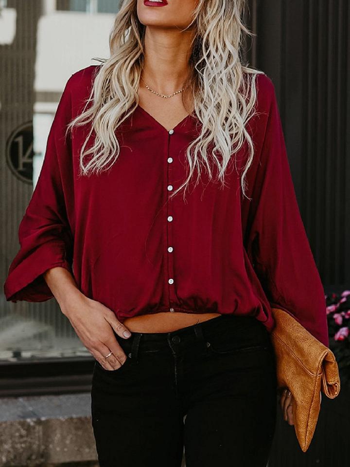 Choies Burgundy V-neck Long Sleeve Shirt