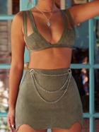 Choies Army Green Suede V-neck Chic Women Crop Cami Top And High Waist Skirt