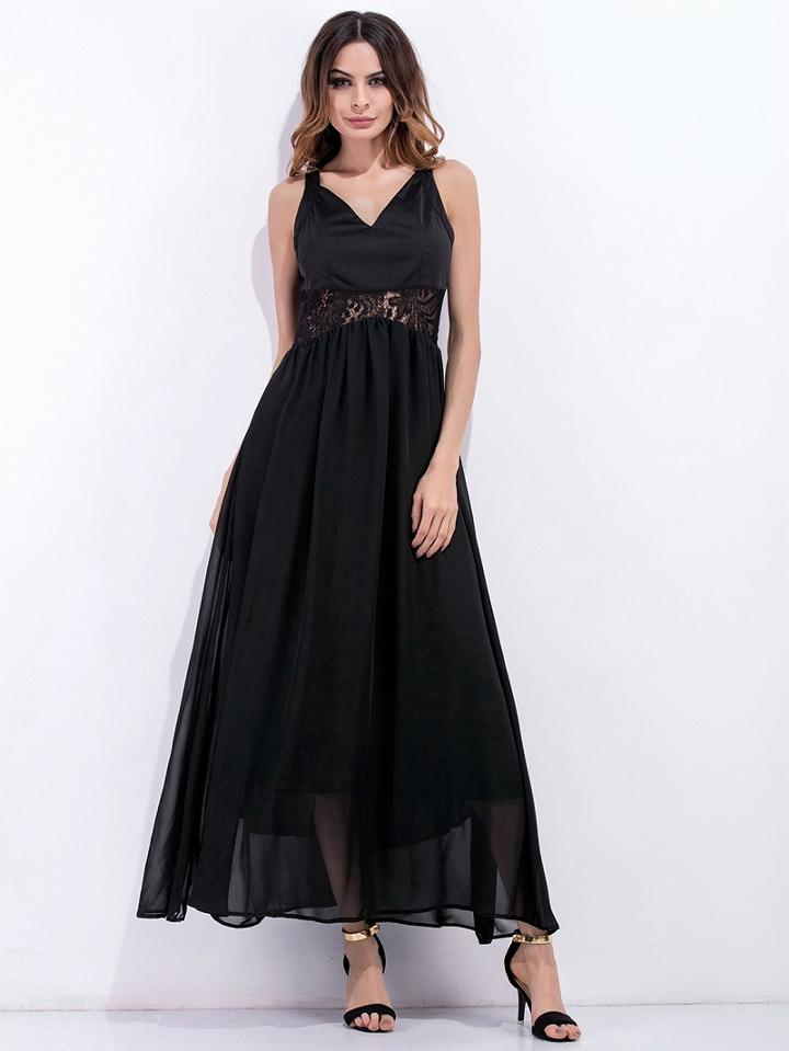 Choies Black V-neck Lace Back Chiffon Maxi Dress