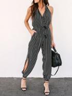Choies Black Stripe Cotton Halter V-neck Open Back Chic Women Jumpsuit