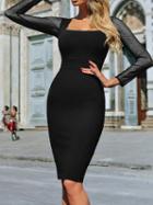Choies Black Square Neck Sheer Mesh Panel Long Sleeve Bodycon Dress